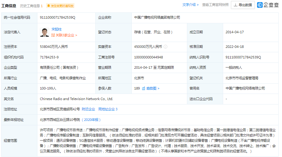中國(guó)廣電集團(tuán)加速布局5G領(lǐng)域 申請(qǐng)多項(xiàng)商標(biāo)并擴(kuò)展經(jīng)營(yíng)范圍